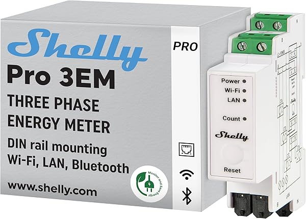 Shelly Pro 3EM (120A) - WLAN & LAN Dreiphasiger Smart Energiezähler, 3x 120A Stromwandler Inklusive, 1% Genauigkeit, Solar, 60-Tage Datenspeicher, Verbrauchsmessung, Hutschiene, Heimautomatisierung