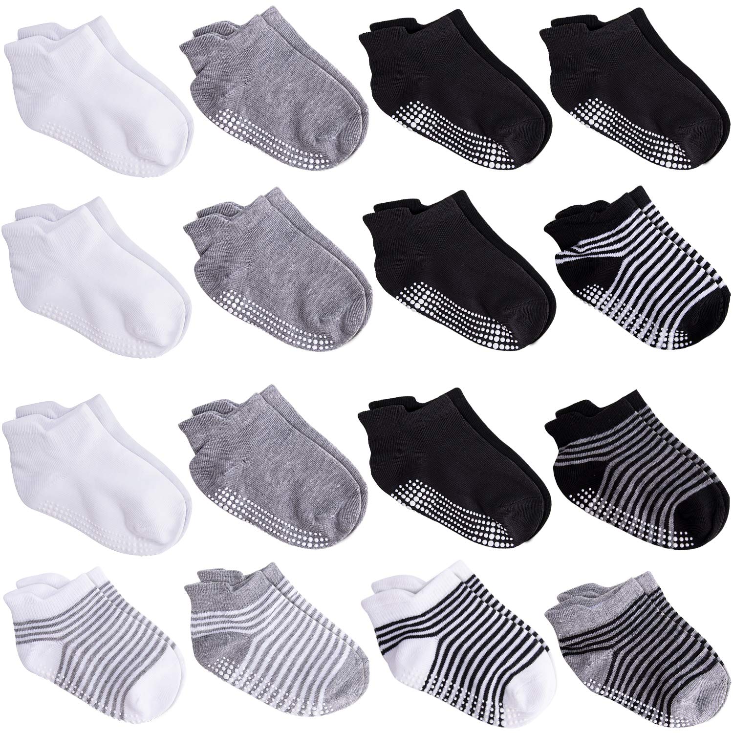 Duufin 16 Pairs Toddler Ankle Socks with Grip Anti Slip Low Cut Socks for 1-3 Years, Black, White and Grey