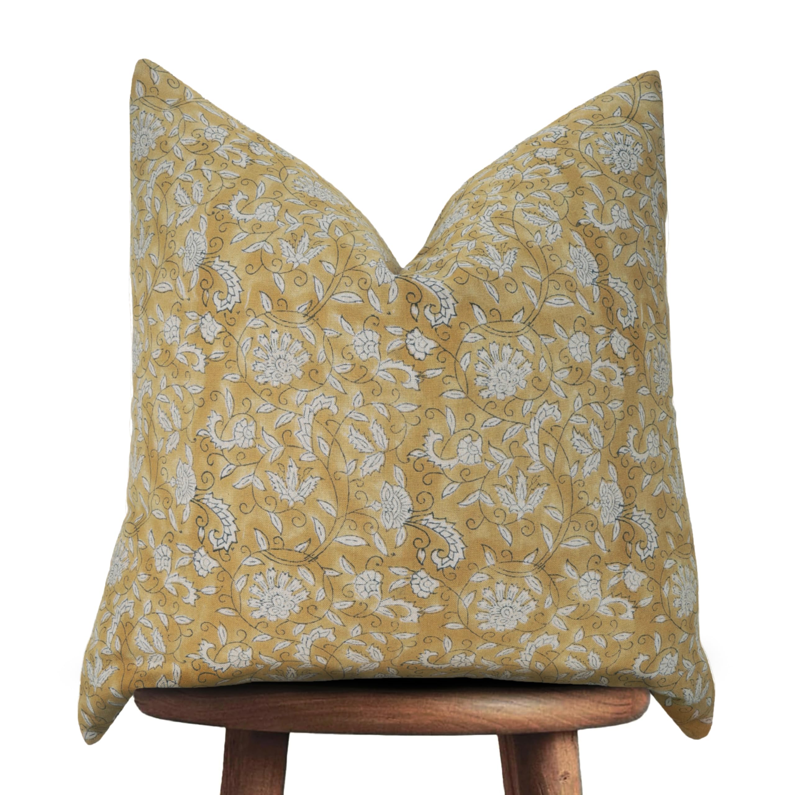 Photo 1 of Hand-block printed, artisan-made neutral accent throw cushion cover- Thick cotton cushion for sofa, bed, chair, home decor, gifting, spring vibe, boho, indoor/outdoor- Lina (Light Yellow 1, 20" x 20")