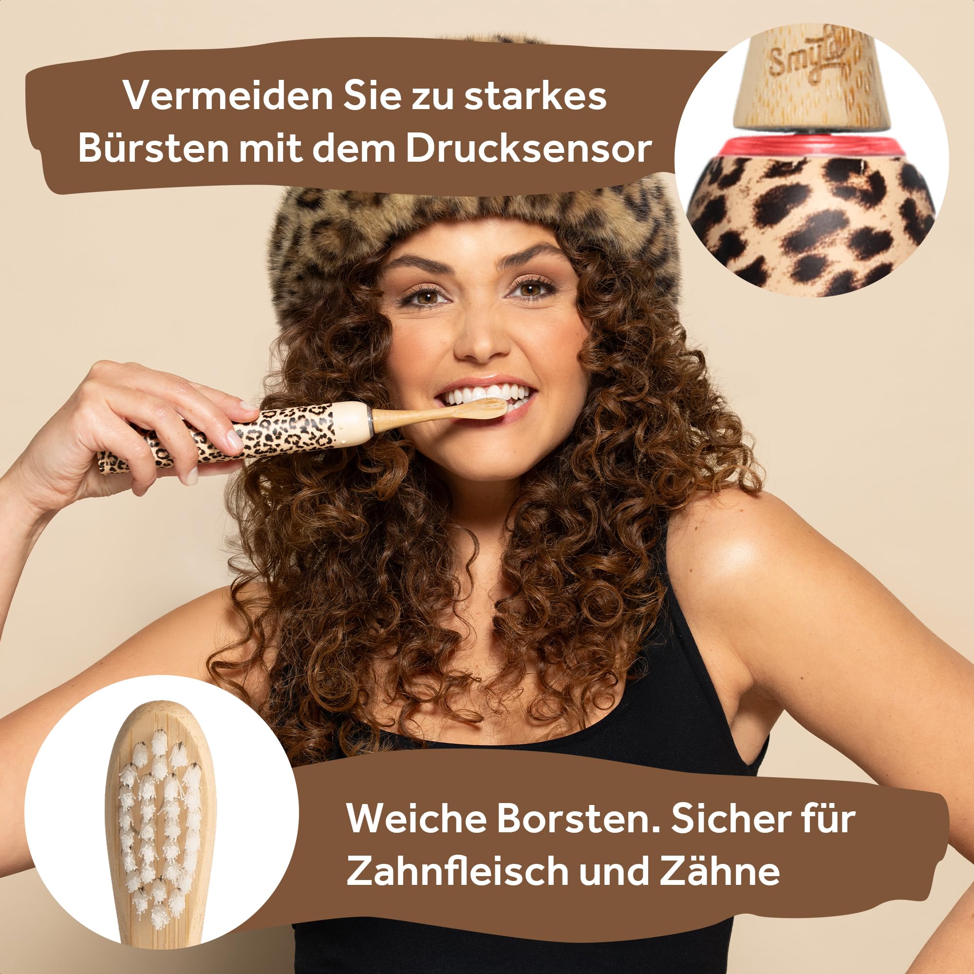 Smyle zahnbürste - Schallzahnbürste mit Drucksensor – Elektrische Zahnbürste mit 4 Monate Akku, 40.000 Vibrationen/min, 5 Modi, Timer, USB-C, 2 Bürstenköpfe, wasserdicht – Panter 5