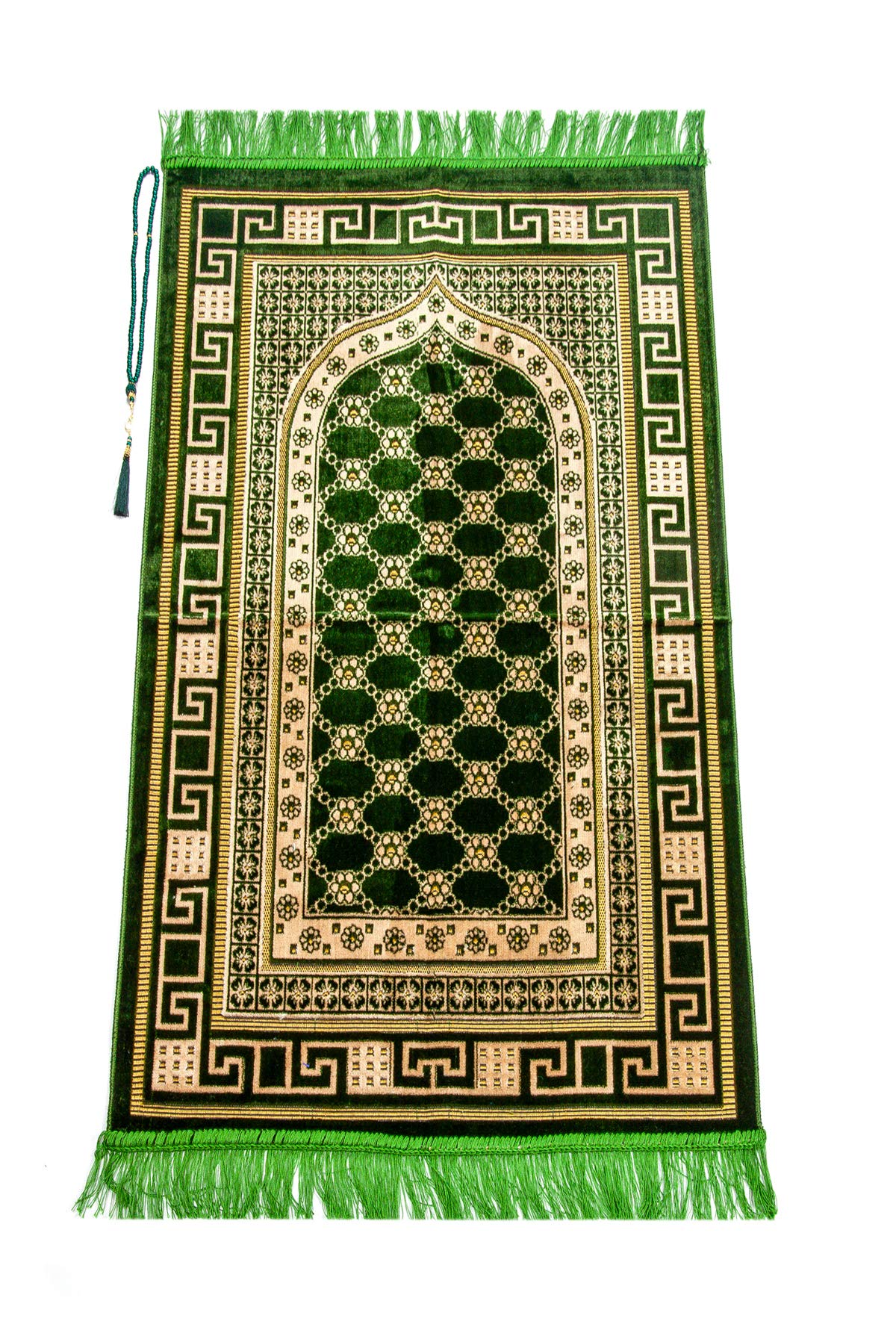 ihvan online Luxury Velvet Muslim Prayer Rug with Prayer Beads, Janamaz, Thick Soft Sajadah, Islamic Gift, Portable Prayer Carpet Mat, Velvet Fabric, Light Green