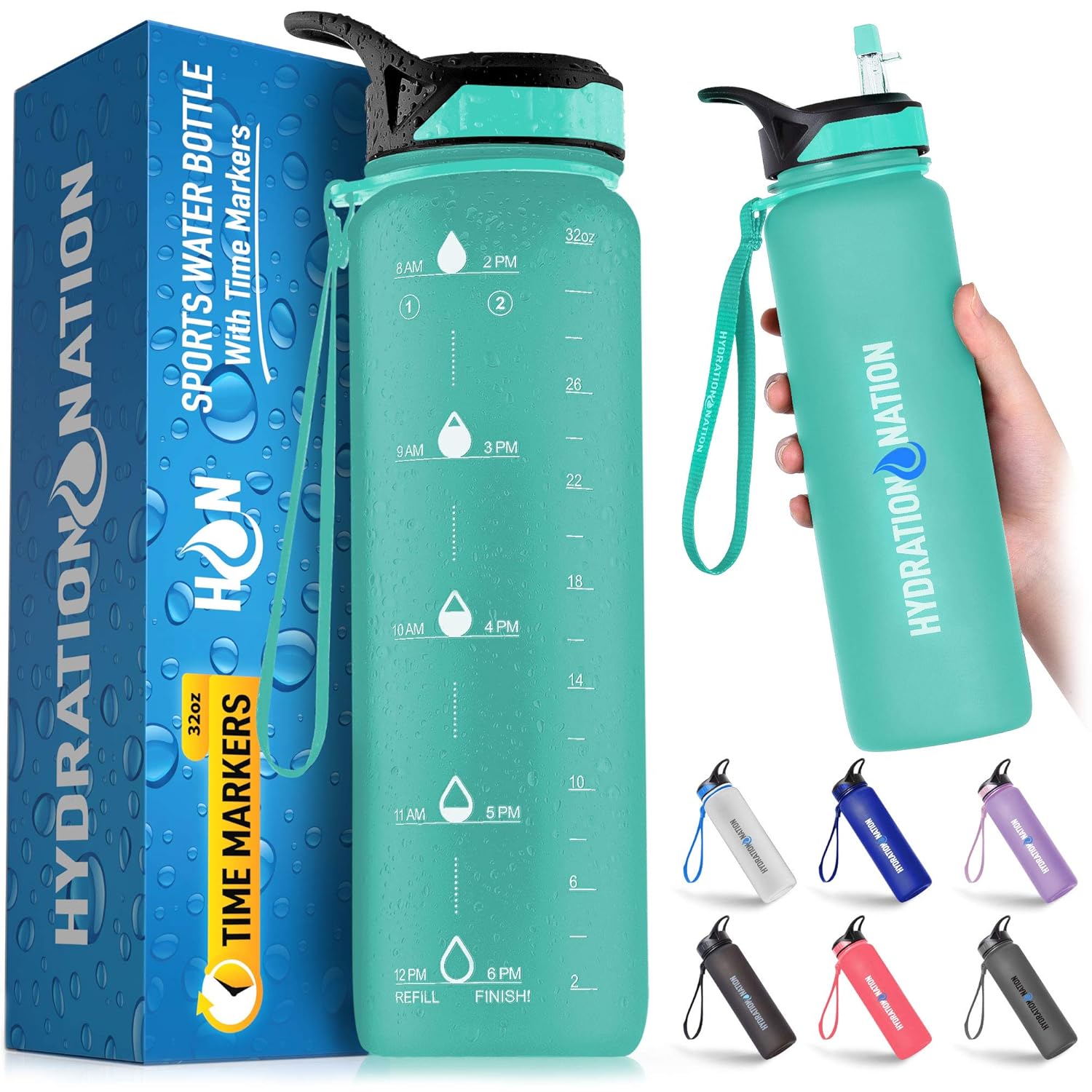 Hydration Nation (32oz) Water Bottle With Time Marker Leak Proof