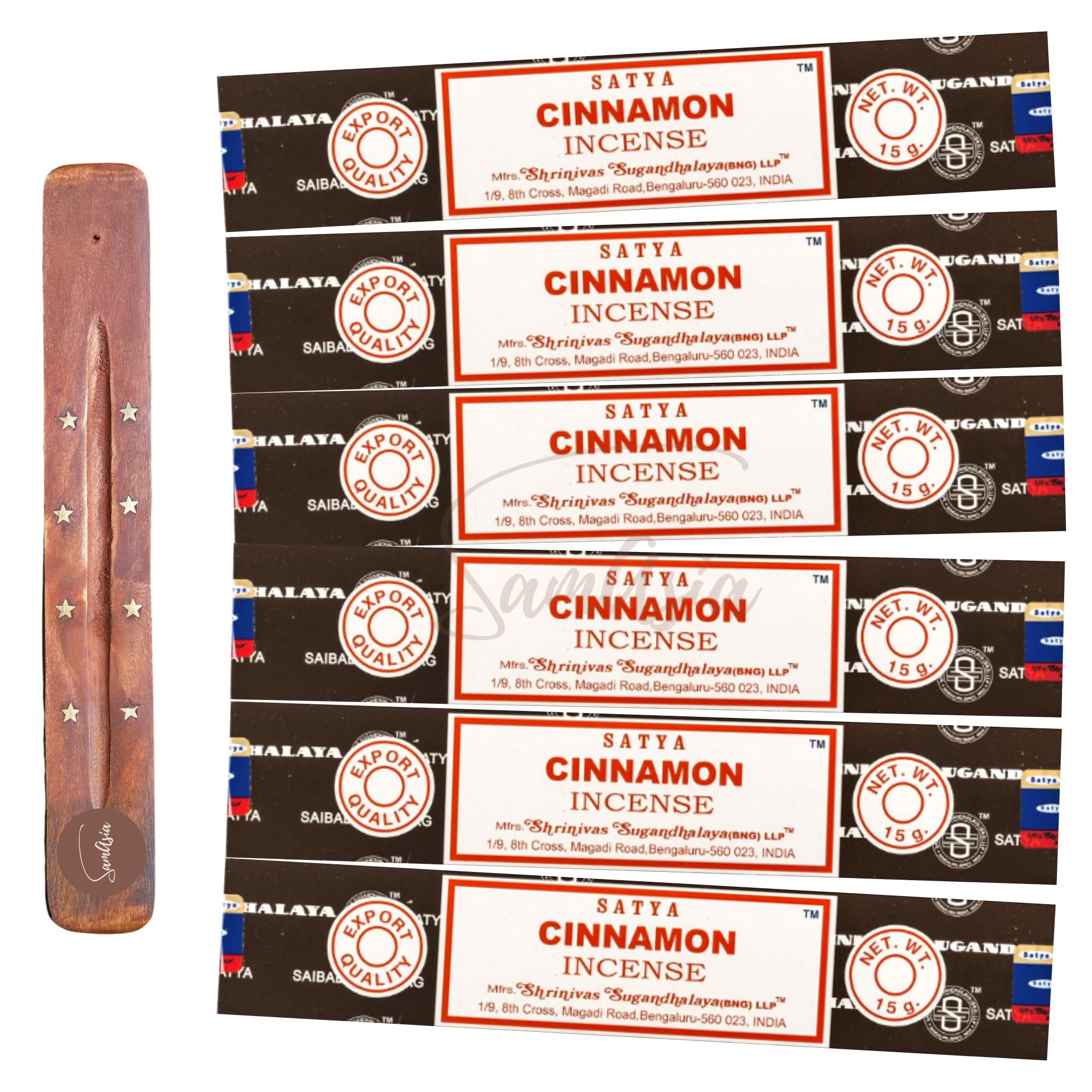 Satya Nag Champa Cinnamon Incense Sticks | x6 pack | with SAMASIA incense sticks holder | Used for Aromatherapy, Spa, Yoga, Weddings, Meditation, Healing, Positivity and Relaxation