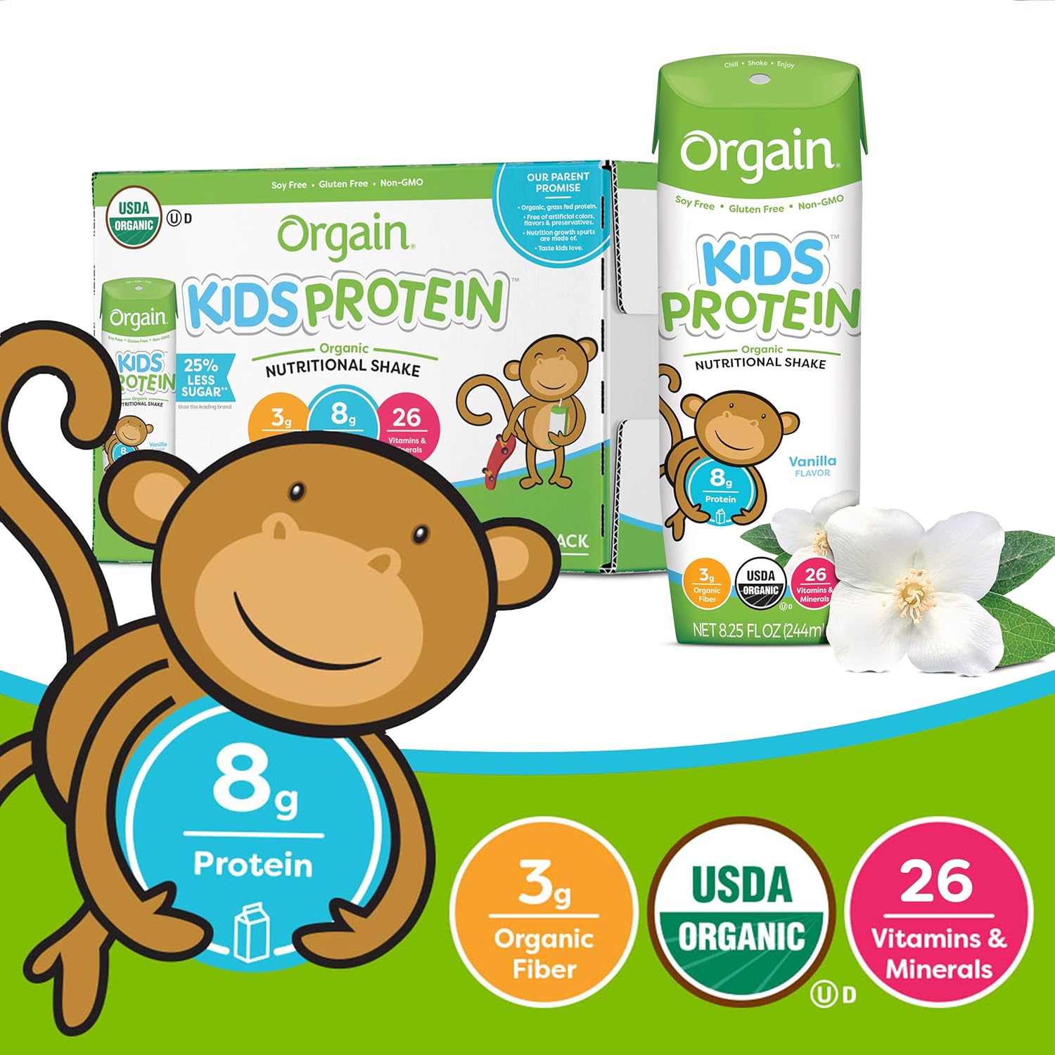 Orgain Organic Kids Protein Nutritional Shake, Vanilla - Great for Breakfast & Snacks, 26 Vitamins & Minerals, 10 Fruits & Vegetables, Gluten Free, Soy Free, 8.25 Oz, 12 Count (Packaging May Vary) : Meal Replacement Drinks : Grocery & Gourmet Food