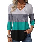 Zeagoo 3/4 Length Sleeve Womens Tops Casual V Neck Pleated Top Boho Floral Blouses Work Shirts