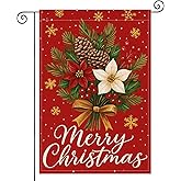 HOMETITUTE Merry Christmas Garden Flag 12x18 Inch Welcome Garden Flags Burlap Double-Sided Pinecone Poinsettia Red Berry Snowflakes Seasonal Outdoor Holiday Banner Winter Flag for Yard Lawn Decoration