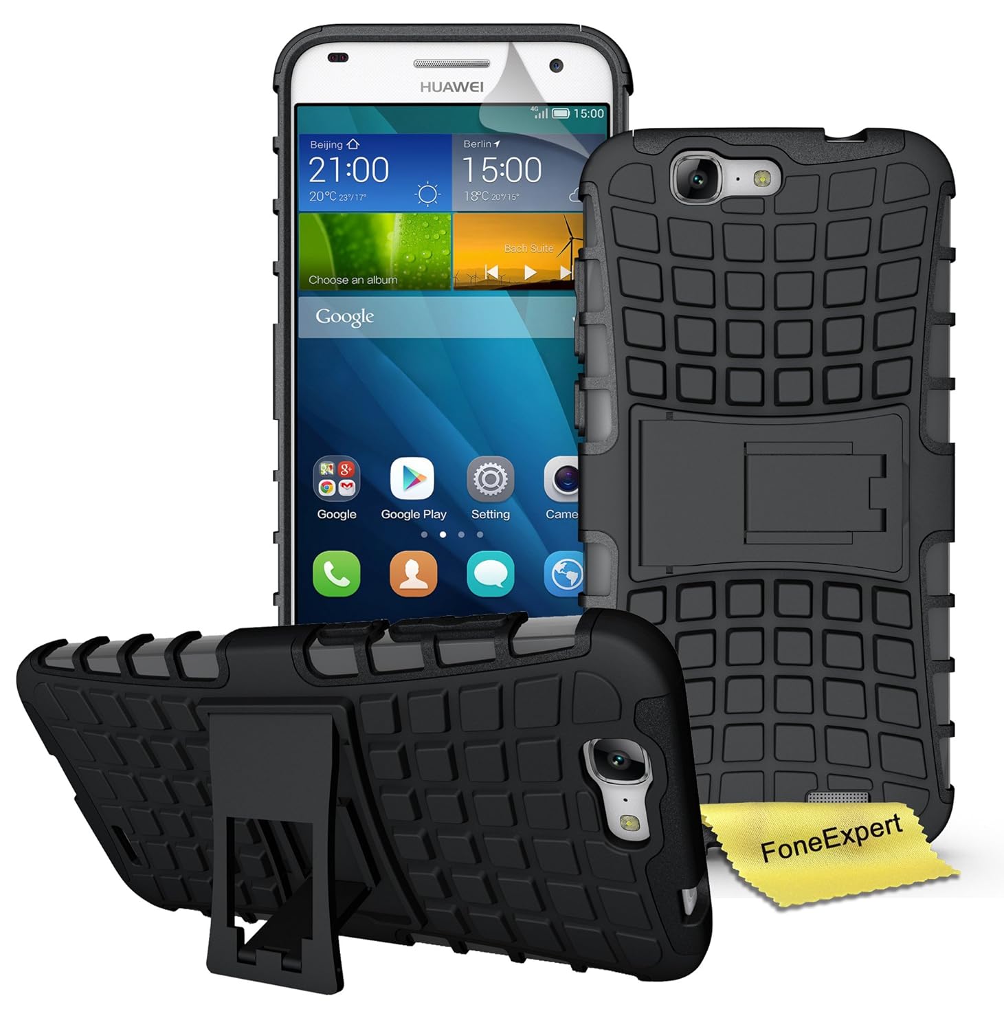 Huawei Ascend G Funda FoneExpert® Heavy Duty silicona híbrida con soporte Cáscara
