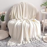 NTBAY Acrylic Knitted Throw Blanket, Lightweight and Soft Cozy Decorative Woven Blanket with Tassels for Travel, Couch, Bed, Sofa, 51x67 Inches, White Striped