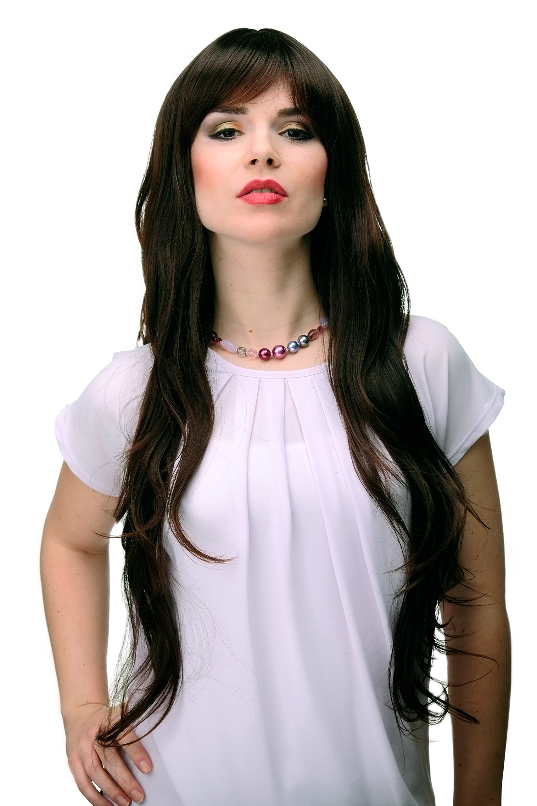 WIG ME UP 6311-2T33 Lady Quality Wig Cosplay extremely long voluminously layered long finge bangs (can part to side) dark mahogany mixed brown