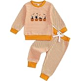 Karuedoo Toddler Baby Boy Girl Halloween Outfit Pumpkin Ghost Embroidery Stripe Long Sleeve Waffle Sweatshirt and Pants Set