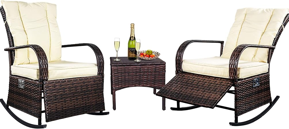Amazon Com Enstver 3 Piece Reclining Wicker Outdoor Lounge Chair Set Patio Conversation Rocking Chairs Bistro Set With Coffee Table And Beige Cushions Garden Outdoor