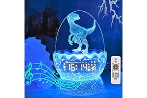 MTDYHY New Dinosaur Egg Clock Velociraptor Night Light Kid's Room Decoration Clock, Remote Control Multi Colors & Music Voice, Cool Dinosaur Decor & Gift Ideal for Kids/Adults