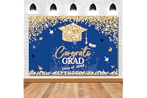 HOMDAILY 2024 Graduation Decorations Class of 2024-Glitter Blue and Gold Large Graduation Backdrop and Congrats Grad Banner for College Graduation Party Decorations