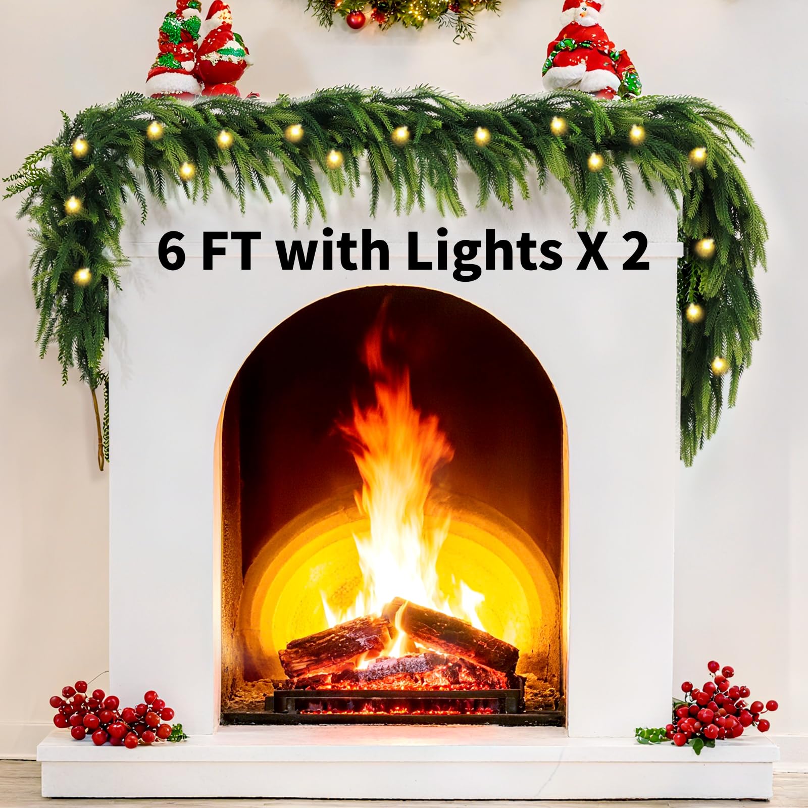 Photo 1 of 2 PCS Christmas Norfolk Pine Garland, 6FT Real Touch Cedar Garland with Lights Dense for Mantle Stairs Table Decor(Dark Green)