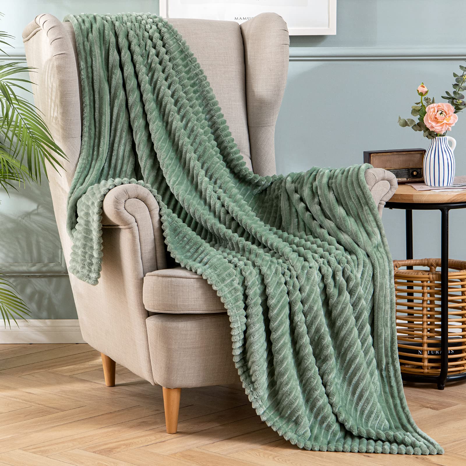 MIULEE Flannel Fleece Throw Blankets Soft Warm Comfortable Throws for Sofa Corduroy Fluffy Blanket Bed Throw for Bedroom Couch Travel Kids Bedroom Accessories 60x80Inch Matcha — image 1