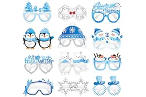 KALEFO 24Pcs Hello Winter Paper Glasses Party Decorations Winter Wonderland Snowflake Photo Booth Props Kit Blue Wedding Holiday Birthday Skiing New Year Party Supplies