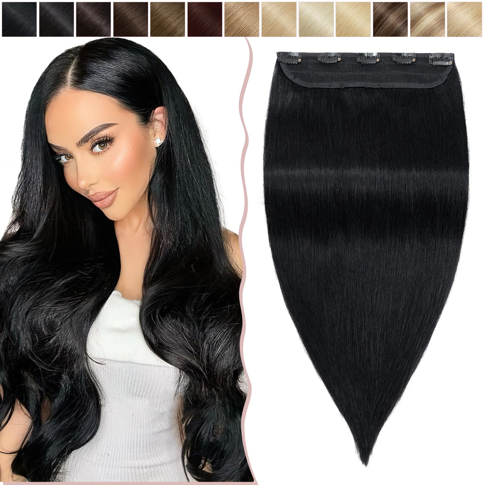 14 inch SEGO Clip in Hair Extension Human Hair One Piece THICK [#1 Jet Black] 100% Real Remy Hairpieces 3/4 Full Head Straight (75g)