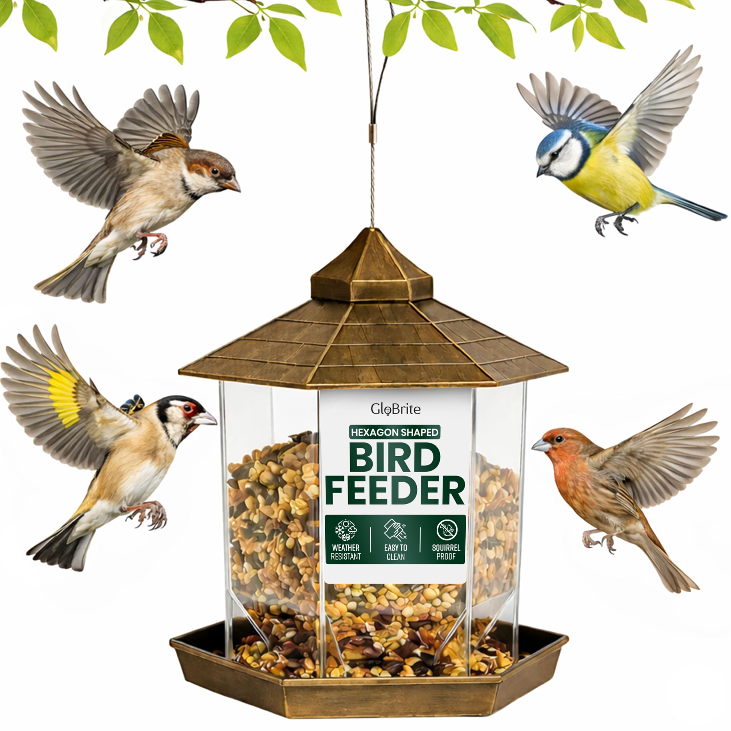 GloBrite Bird Feeder Garden Ornament - Bird Seed Feeder - Hanging Bird Feeder - All Weather Bird Feeders Hanging Feeding Station for Wild Birds, Hexagon Shaped with Roof for Outdoor Yard Decoration