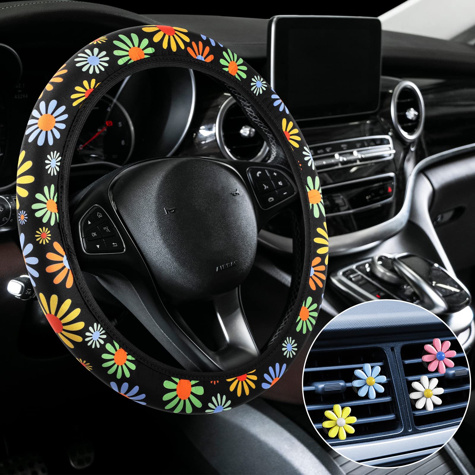 Photo 1 of 5 Pcs Hippie Flower Steering Wheel Cover with Daisy Flower Car Air Vent Clips Floral Steering Wheel Cover Accessories for Women Girls Car Decor