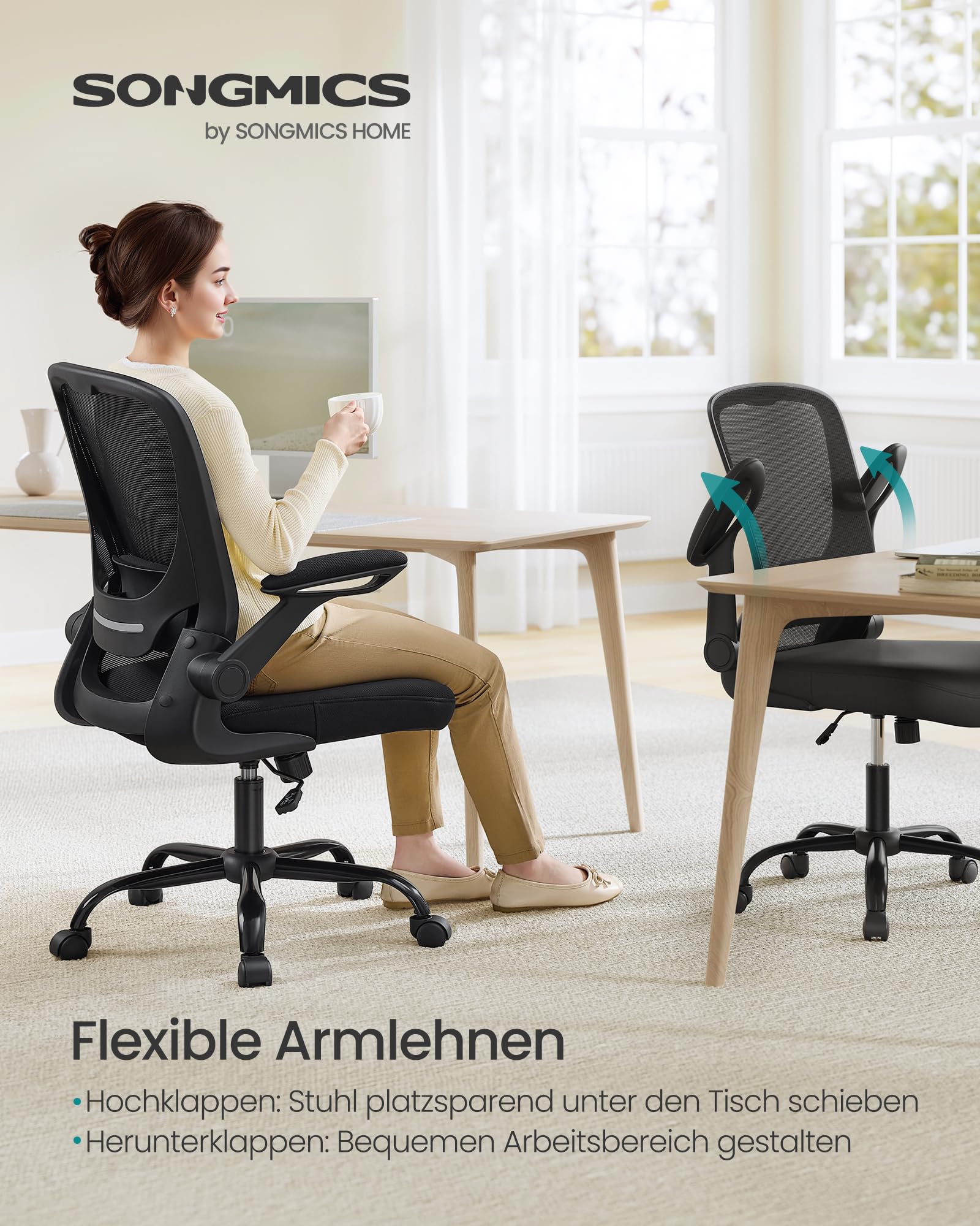 SONGMICS Bürostuhl ergonomisch, Drehstuhl mit Mesh, Lenden- und Kopfstütze, Wippfunktion, 53 cm große Sitzfläche, klappbare Armlehnen, Arbeits- und Schlafzimmer, Studenten, schwarz OBN37BK 7