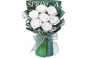 Mosstory Preserved Flower Bouquet 7 Real Roses Bouquet Flower Preserved Gift for Her Anniversary Birthday Valentines Day Mothers Day Wedding (White Roses, Green Paper)
