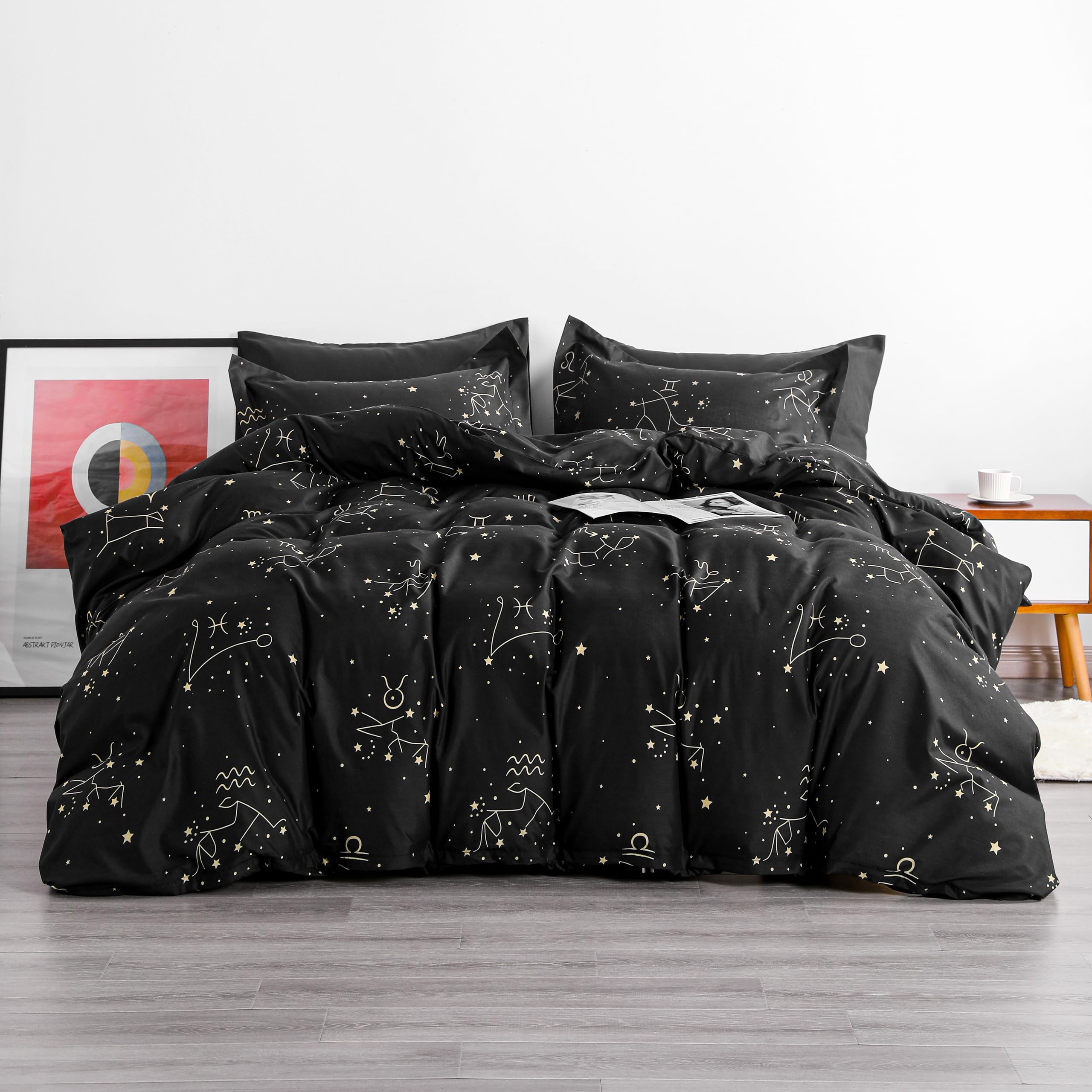 NTBAY 2 Pieces 100% Brushed Microfiber Single Duvet Cover Set, Super Soft Black Background Printed Reversible Design Zippered Comforter Cover with Ties and 1 Oxford Pillowcase (Single, Constellation)