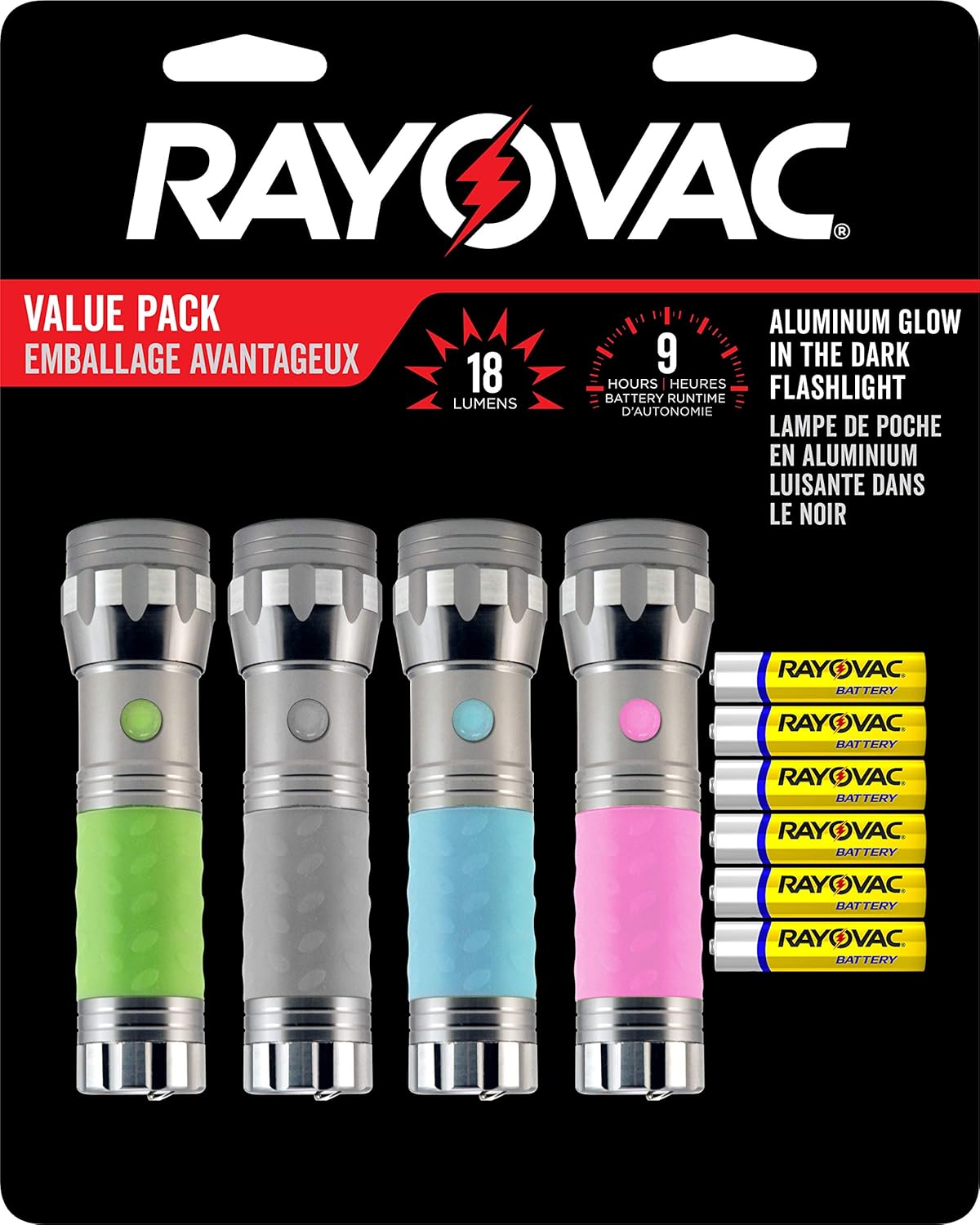 Rayovac Mini LED Flashlight 4 Pack with Glow in the Dark Rubber Grip, Metal Tactical Flash Light Set with Batteries Included - Perfect for Parties, Gifts, Power Outages, Emergency Situations (4 Pack)