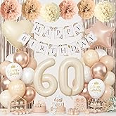 60th Beige Birthday Decorations for Women, Cream Foil Number Heart Brown Star Balloons Neutral White Gold Nude Balloons With Boho Happy Birthday Banner Fringe Curtain Paperpom Poms Classy Party Decor