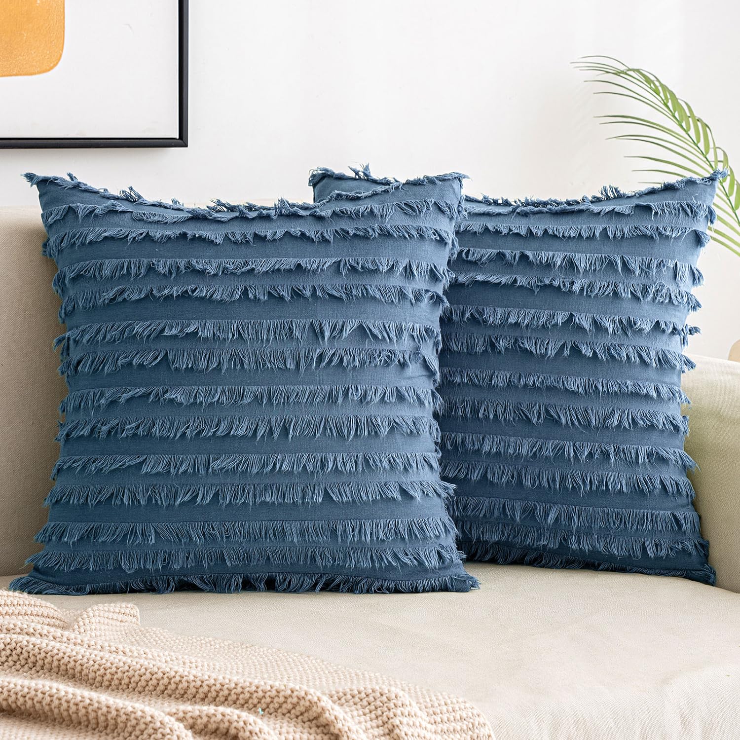 Photo 1 of MIULEE Set of 2 Decorative Boho Throw Pillow Covers Linen Striped Jacquard Pattern Cushion Covers for Sofa Couch Living Room Bedroom 18x18 Inch Dark Blue