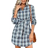 SEMATOMALA Women's Plaid Tie Waist Button Down Shirt Dress Collared Long Sleeve Casual Belted Elegant Blouse Dresses
