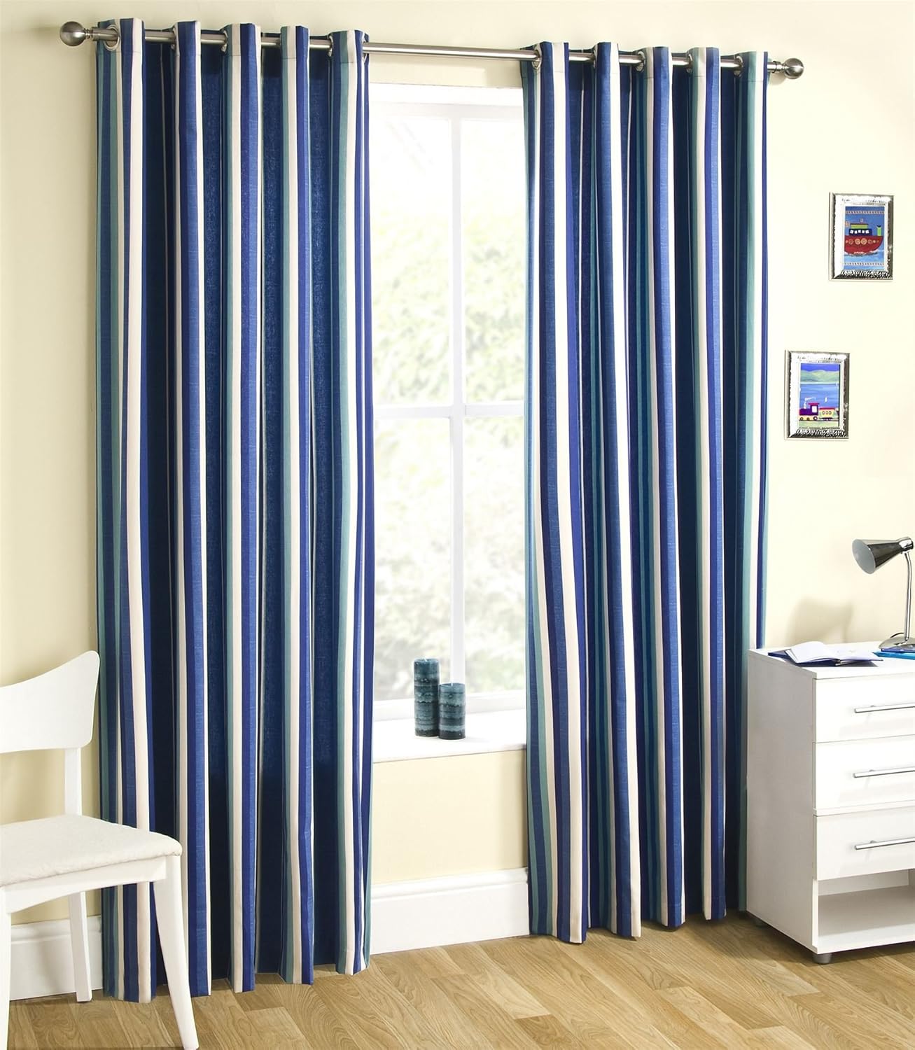 Denton Lined Eyelet Curtains 66 X 72 Distressed Stripes Navy