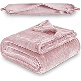 Yaning 2 in 1 Travel Blanket, Soft Warm Blanket with Cozy Neck Pillow Case, Portable Blanket Set for Airplane, Camping, Car (Dusty Pink)