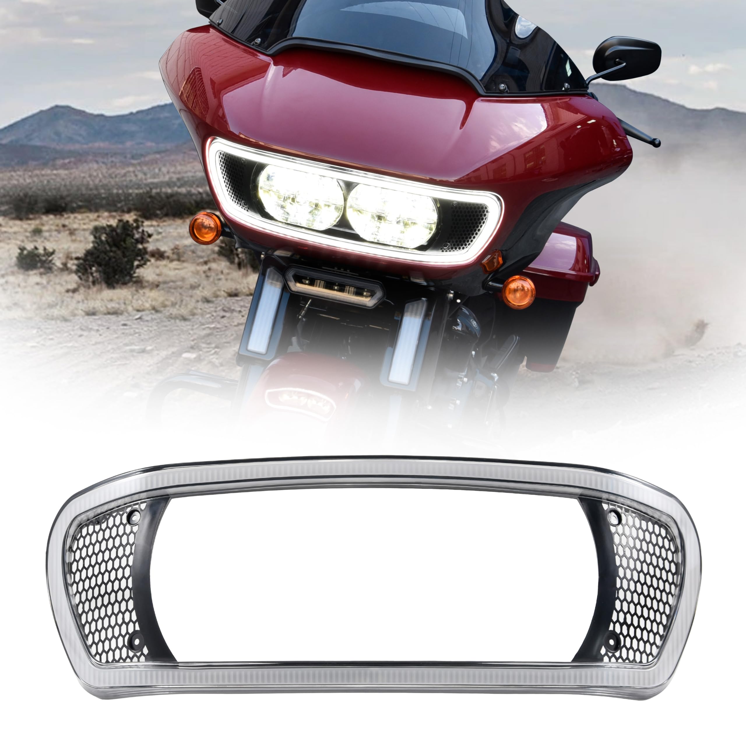 Photo 1 of VEISUTOR Headlight Fairing Trim Cover Bezel with DRL LED Light for Touring Road Glide 2015+, Headlamp Bezel Trim with Auxiliary Light for Harley Davidson Road Glide CVO 2015-2024 Accessories, 1 PC