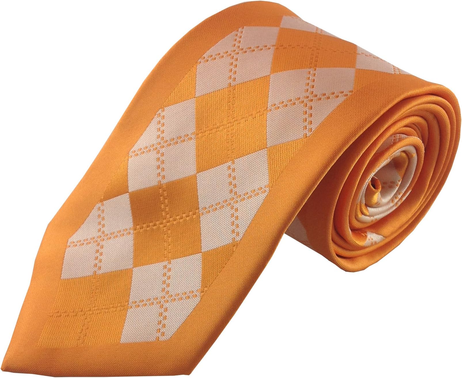 Mens Necktie Orange and White Argyle Plaid Panel Fashion Tie