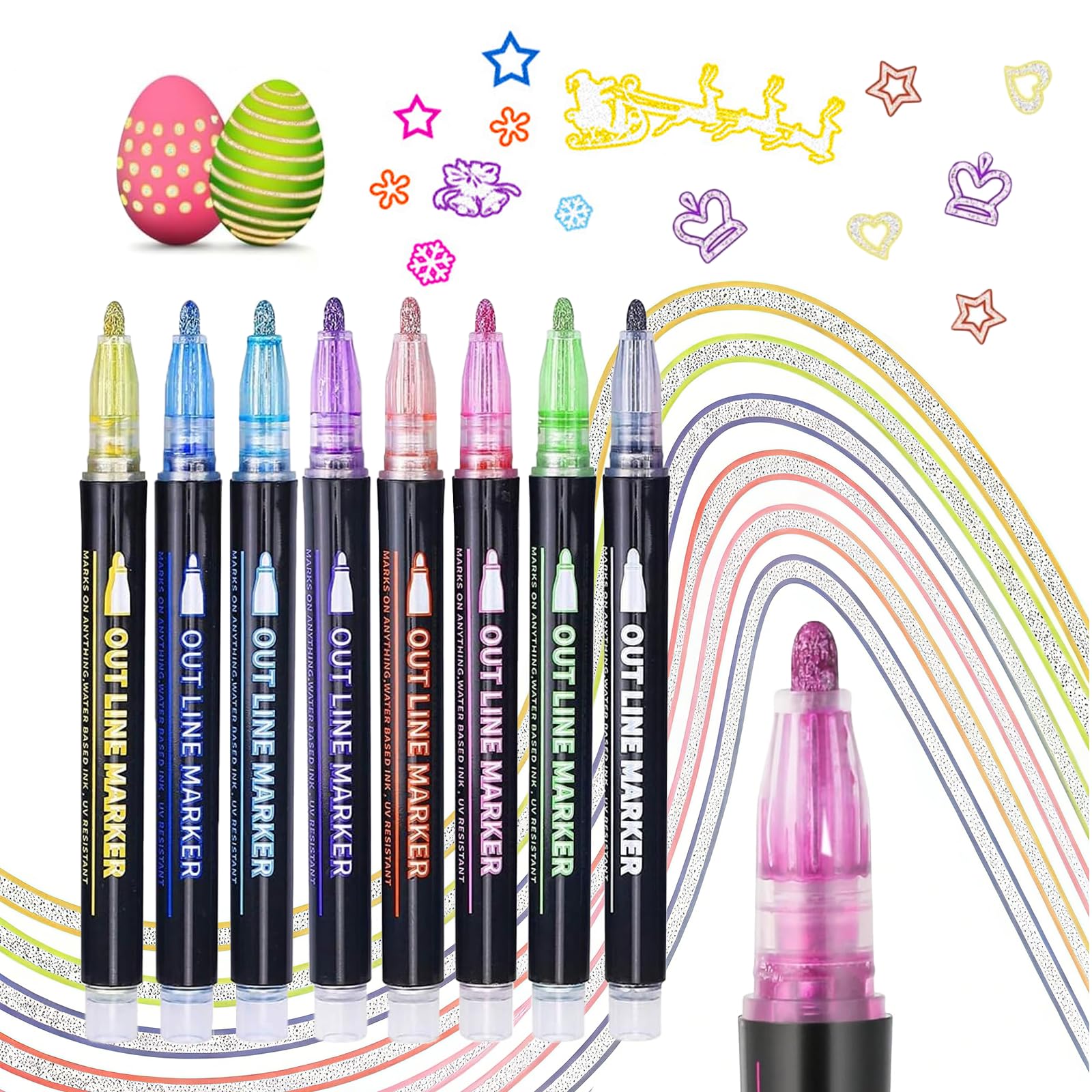 Yolkify Glitter Pens, 8 Colors Colouring pens, Double Line Outline Markers, Art Supplies for Kids, Scrapbook DIY Gift