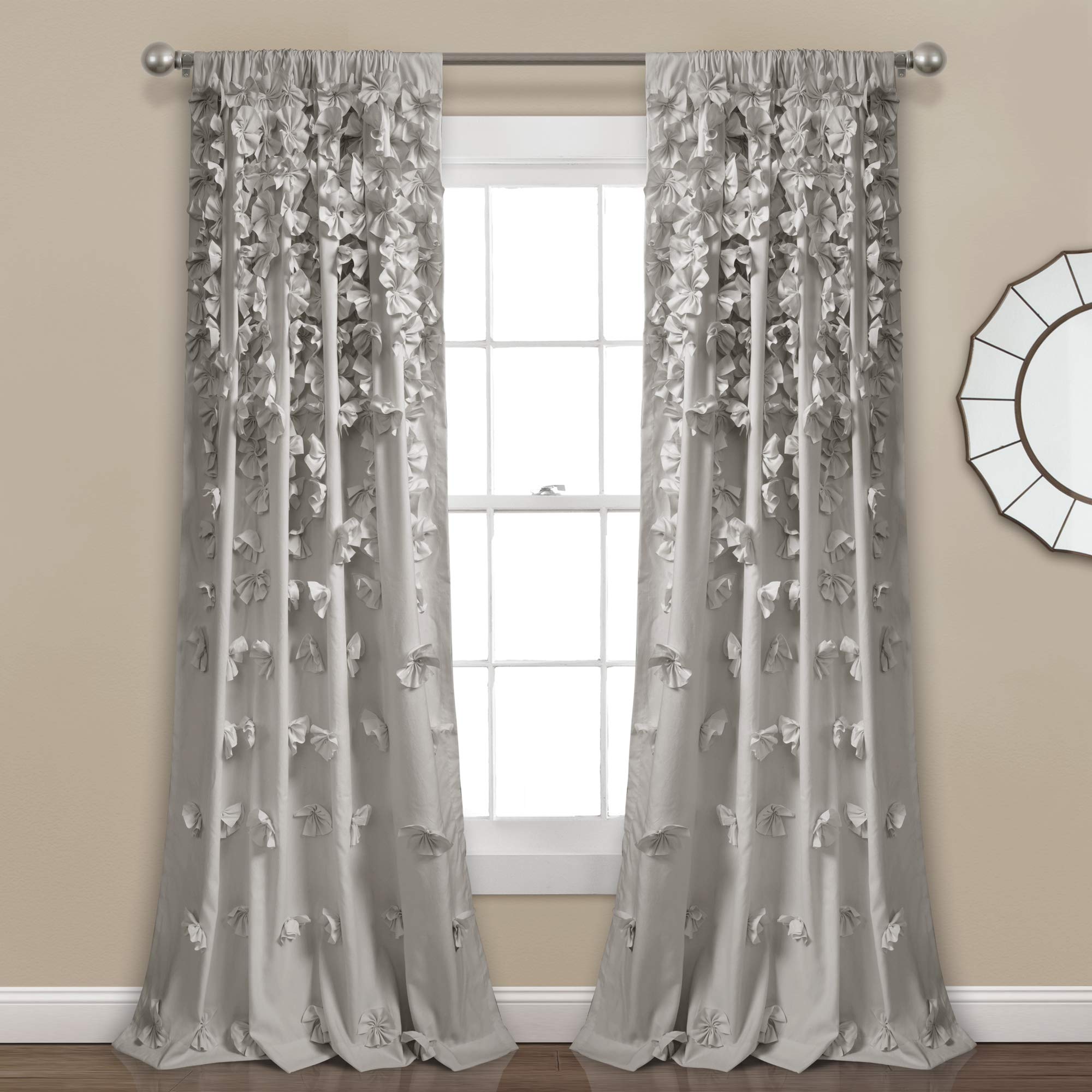 Lush Decor Riley Window Curtain Sheer Ruffled Textured Bow Window Panel for Living, Dining Room, Bedroom (Single), 54" W x 84" L, Light Gray