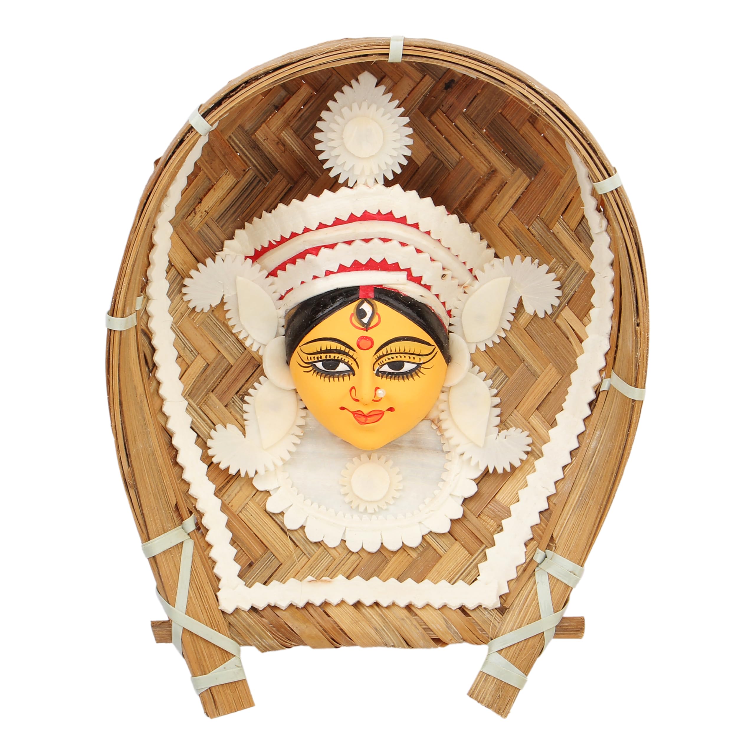 Photo 1 of Durga Face Wall Door Hanging Shola Pith Maa Durga face in kulo Bamboo Tray Durga Murti Decorative Handmade Home Decor Indian Traditional Festival Cork Gift Living Room Puja (Size:-7"X6")(Multicolor)