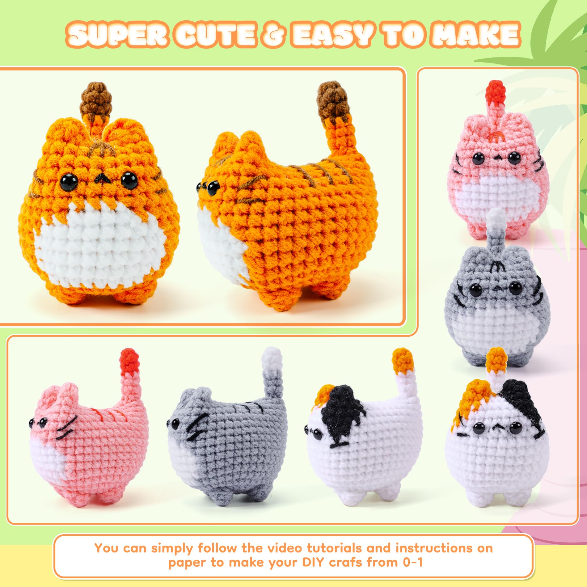 Crochet Kit for Beginners-4PCS Cat Crochet Kits for Adults, Crochet Starter Kit with Step-by-Step Video Tutorials, Crochet Animals Kits DIY Craft Knitting Kit Learn to Crochet Kits for Adults