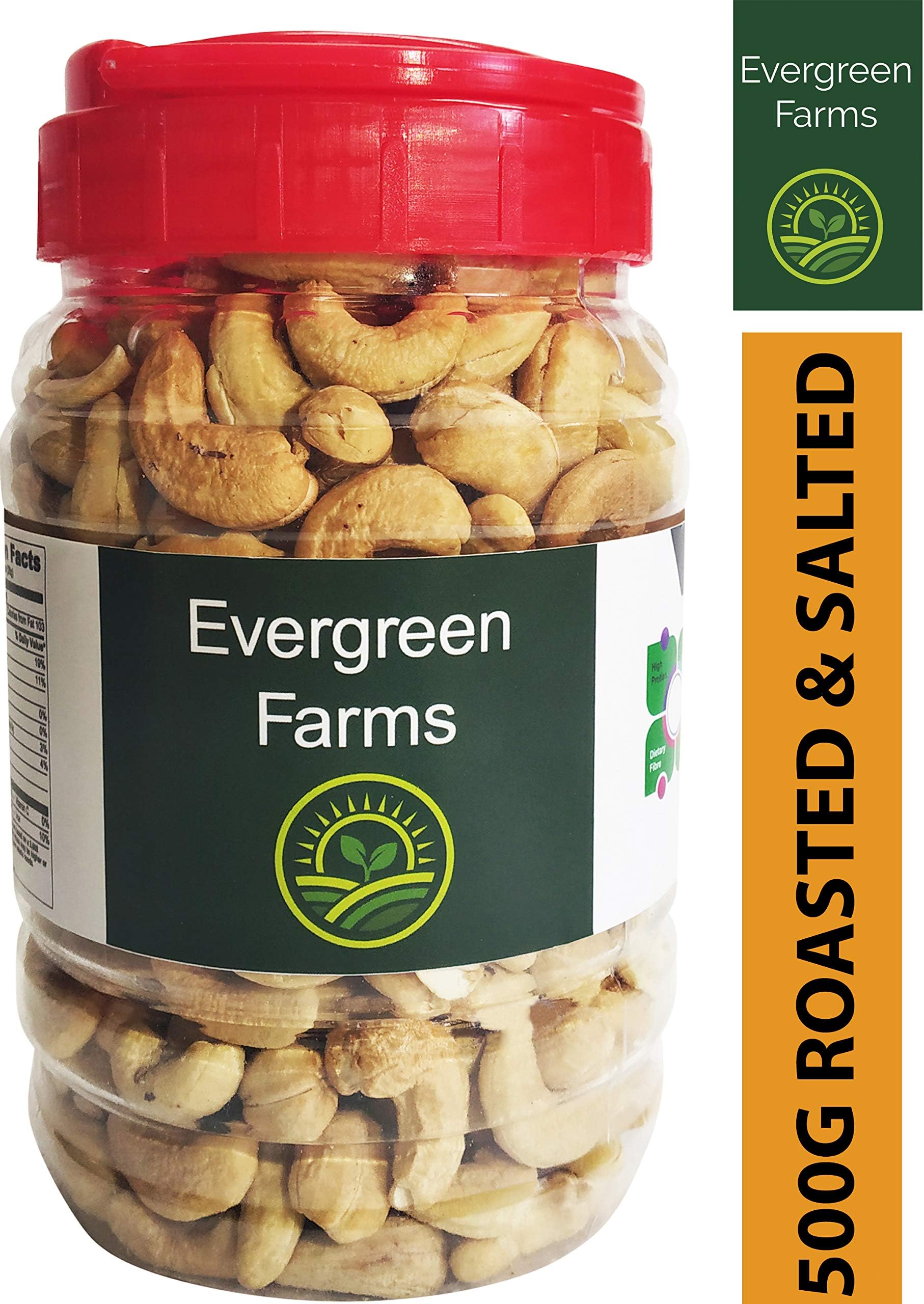 Evergreen Farms Fresh Whole Roasted and Salted Cashews Extra Crunchy Kaju in Pet Jar 500 Grams