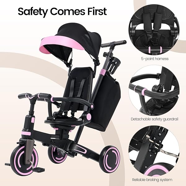 ANECO 9-IN-1 MULTI-FUNCTIONAL BABY TRICYCLE FOR TODDLERS 10 MONTHS-3 YEARS WITH REMOVABLE CANOPY ROTATABLE SEAT SAFETY HARNESS WHEEL BRAKE ADJUSTABLE PUSH HANDLE STORAGE BAG CUP HOLDER, BLACK AND PINK