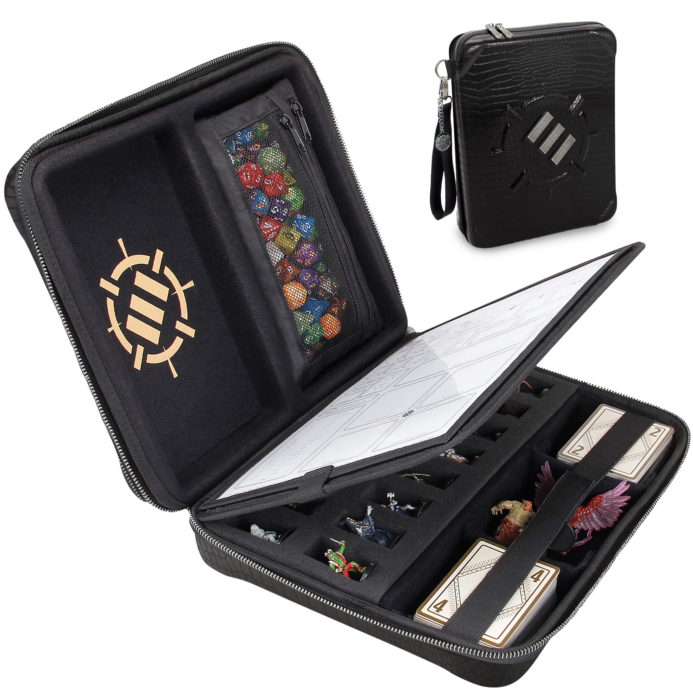 ENHANCE Collector's Edition RPG Organizer Case - DND Binder with Built-in Character Sheet Holder and Erasable Scribe Panel, Dice Rolling Area, Removable Pen Pouch, Miniature Foam Tray (Dragon Black)