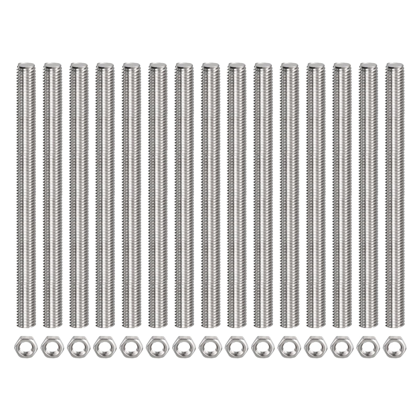 Rebower Fully Threaded Rod (with 15 Pcs Hex Nuts),Stainless Steel Fully Threads Studs[for Assembly Fastening] - M12 x 250mm,1.75mm Pitch/ Silver/ 15 Pcs