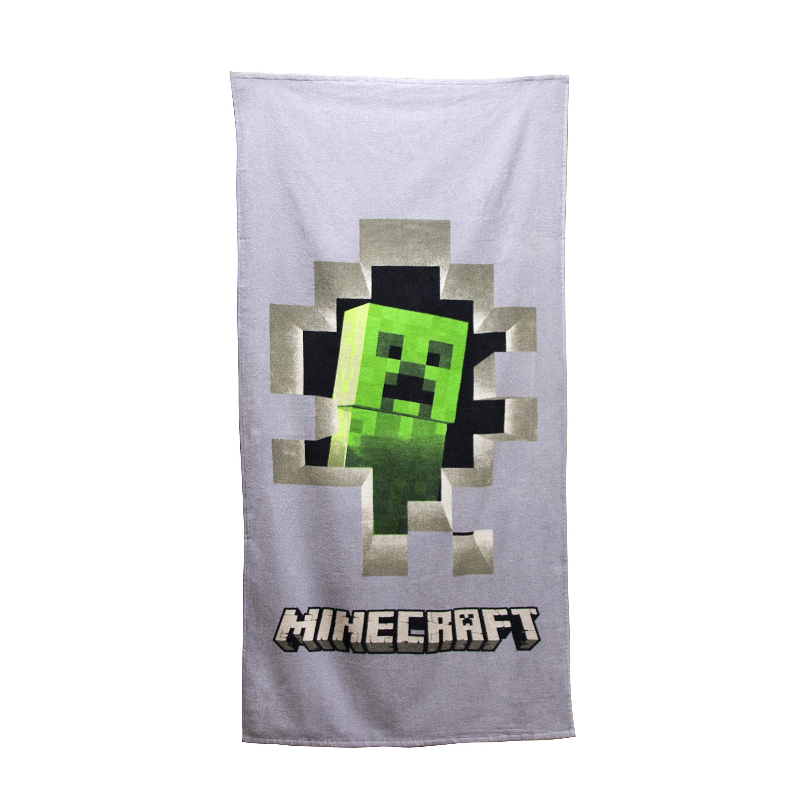 Character World Official Minecraft Towel | Green Creeper Design | Super Soft Feel 100% Cotton | Perfect for The Home, Beach & Swimming Pool, Grey 140 x 70cm