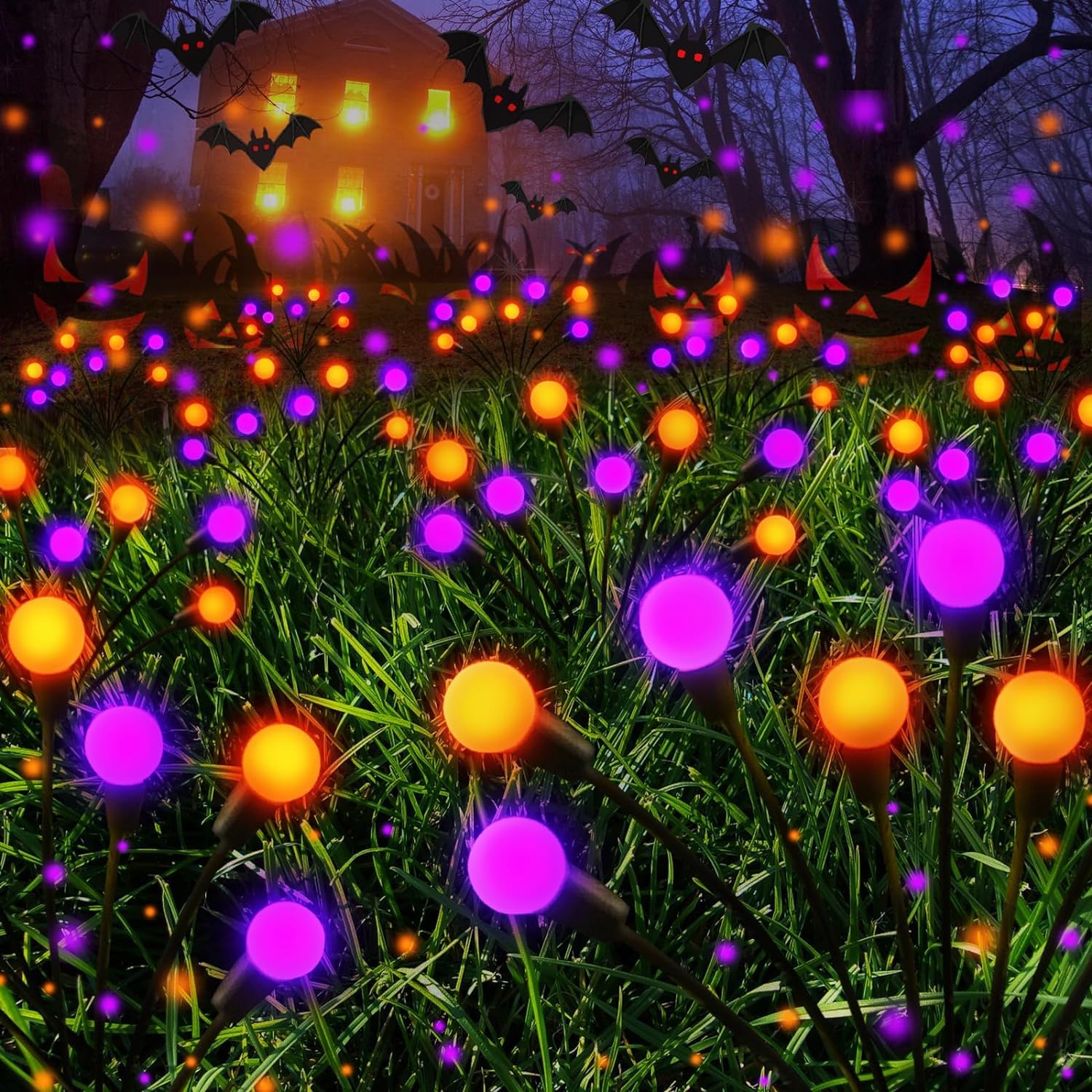 Photo 1 of Halloween Decorations Outdoor, 6 Pack Solar Firefly Lights Outdoor, 48 LED Solar Halloween Lights, Waterproof Swaying Garden Light (Sway by Wind) for Outside Pathway Decor (Orange and Purple)