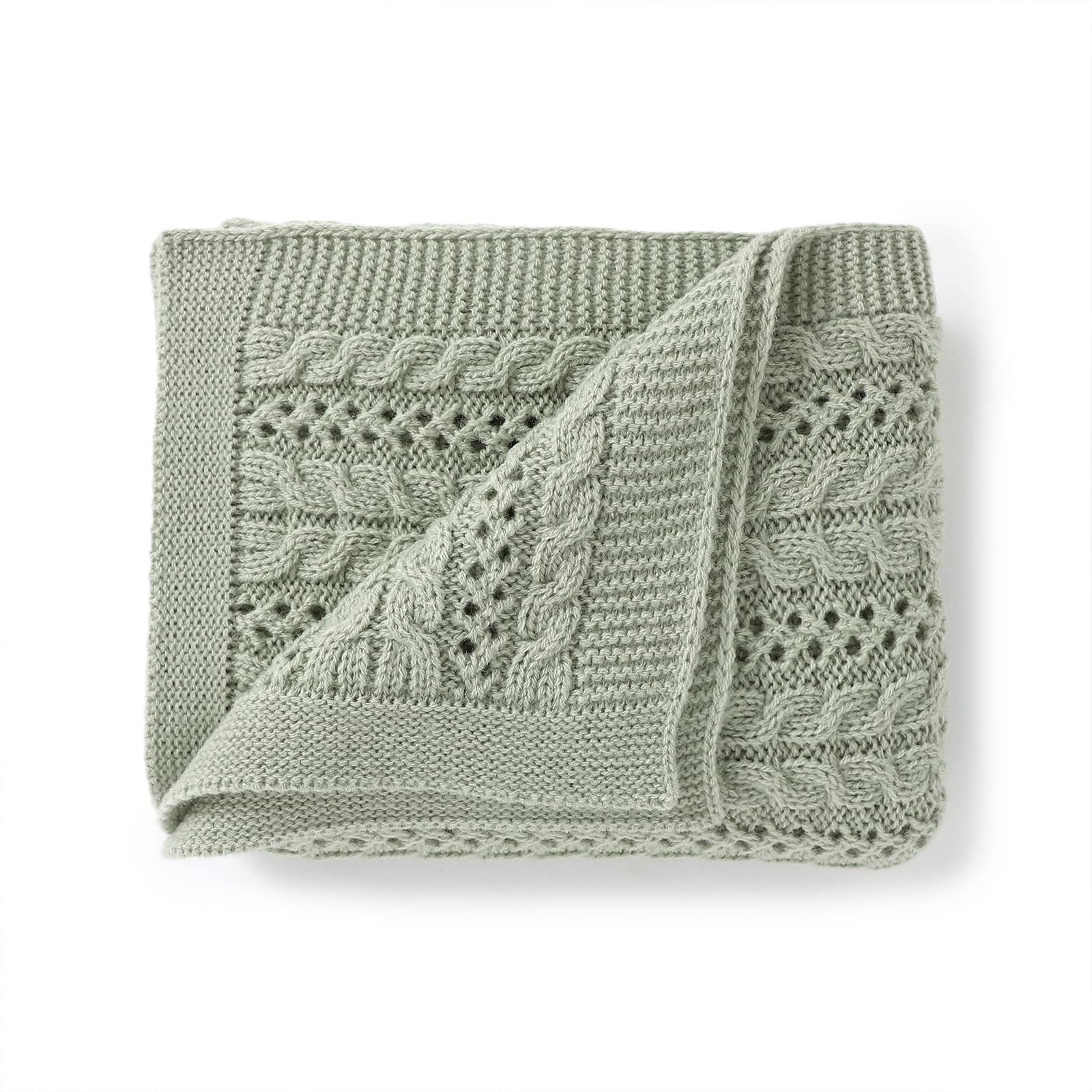 DovFanny Cellular Baby Blanket Cable Knitted Soft Cozy Newbron Baby Blanket for Boy and Girls Nursery 100 x 80cm Sage Green — image 1