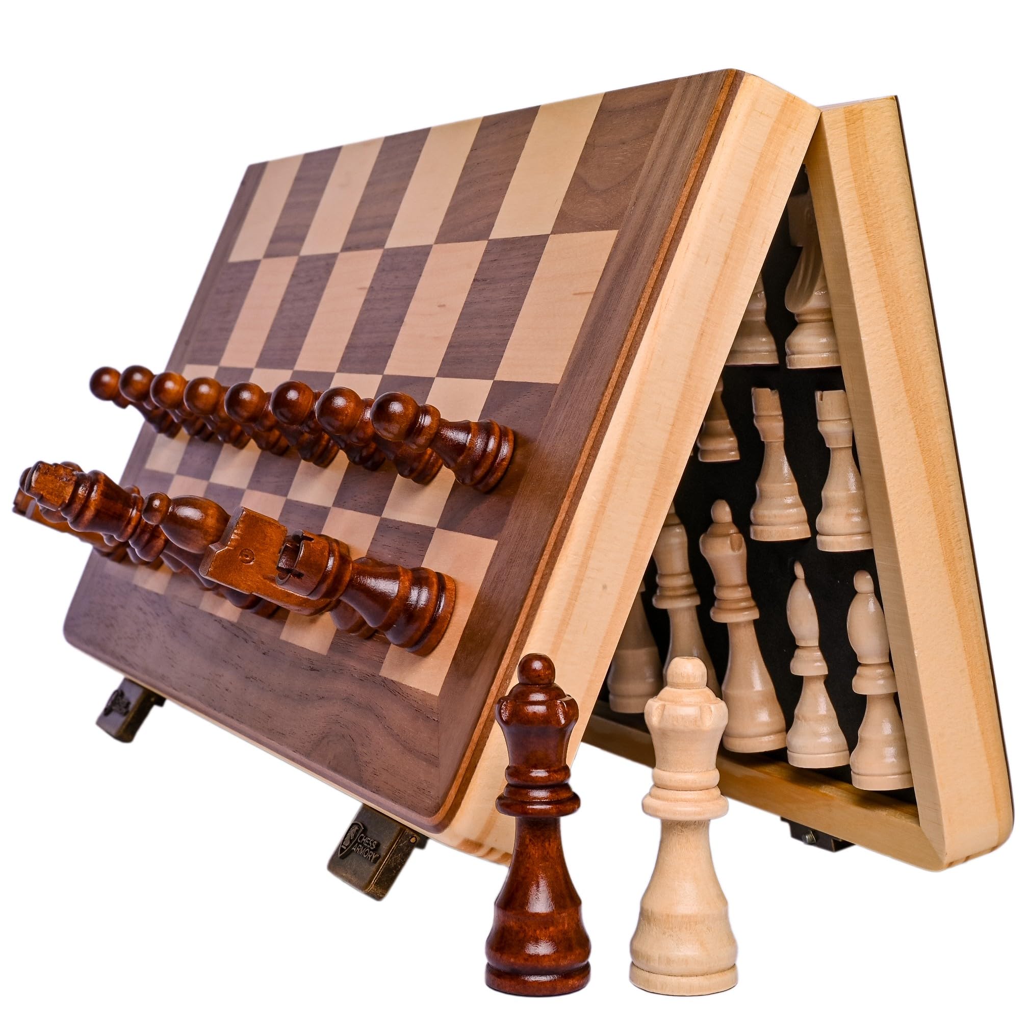 Photo 1 of 15 Inch Magnetic Wooden Chess Set for Adults & Kids - Folding Travel Chess Board with Handcrafted Staunton Pieces, Extra Queens, and Storage Slots