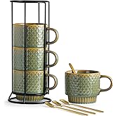 LYEOBOH Coffee Mug, Coffee Mugs Set of 4, Stackable Coffee Mugs with Rack and Spoons - 13 Oz Cup Set with Stand, Ceramic Mugs for Home &amp; Kitchen, Blue and Green