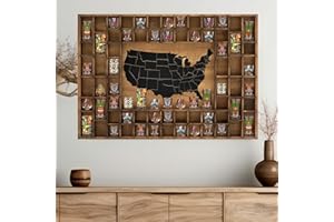 GLIKCEIL 68 Slots 40 x 28'' Large World Map Shot Glass Display Case Rustic Wood Shot Glass Holder for Different Size Wineglass Bar Shelf Organizer Wall Storage Cabinet Decor(Brown,40 x 28'',American Map)