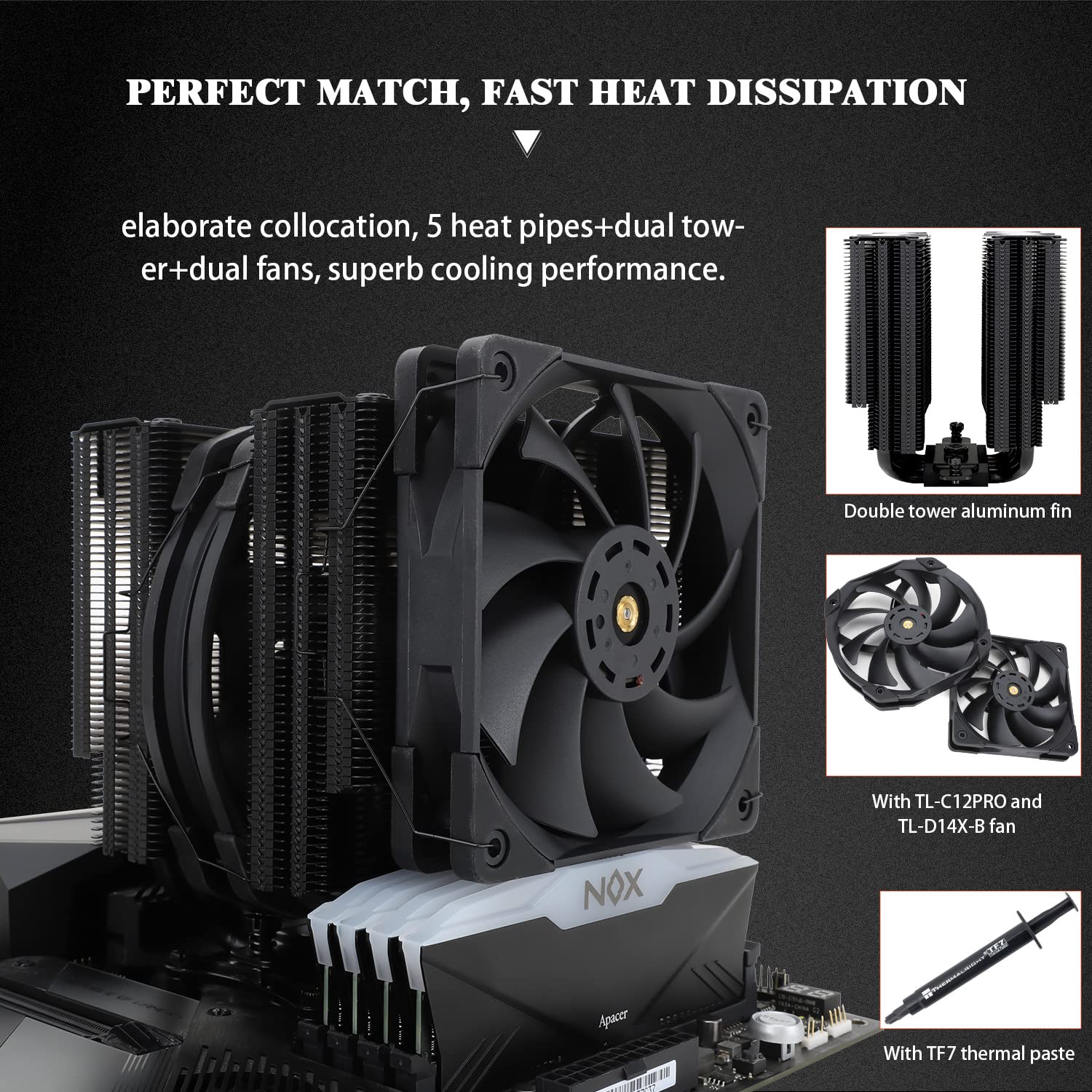 FC140 Black CPU Cooler Dual Towers and Dual Fans, 5 * 8mm Heat Pipes, 4Pin PWM Fan with S-FDB Bearing, for AMD AM4/AM5 Intel 1150/1151/1200/2011/2066/1700