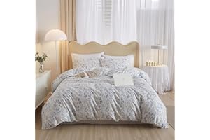 MOTNTD Blue Floral Duvet Cover Full Soft Cotton Bedding Set Full Boho Farmhouse Preppy Aesthetic Shabby Chic Botanical Pattern Duvet Cover Set for Girls, Breathable, 1 Duvet Cover Queen and 2 Pillowcases
